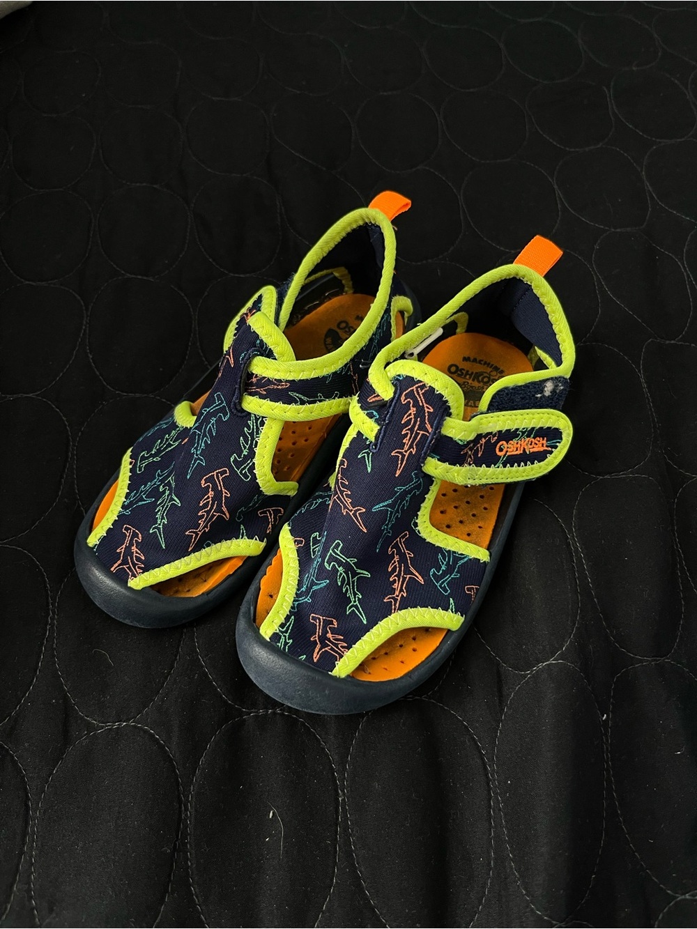 OshKosh B'gosh Navy & Neon Green Shark Print Kids Water Shoes